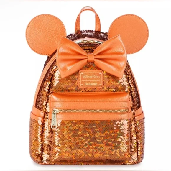 Disney Loungefly Backpack - Minnie Sequined - Peach Punch NWT - Picture 1 of 6
